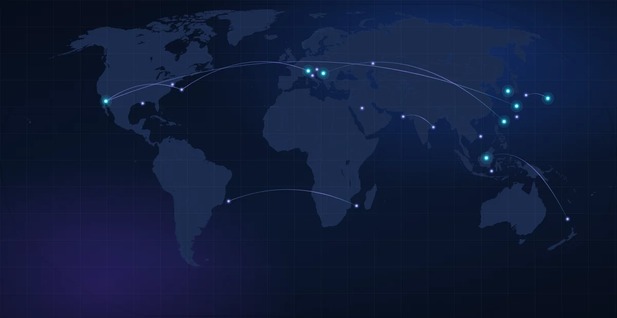 QuickQ 加速器全球高速节点分布图，覆盖亚洲、欧洲、北美等地区